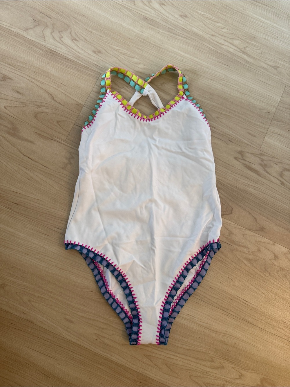 White One-Piece Swimsuit with Colorful Crochet Trim